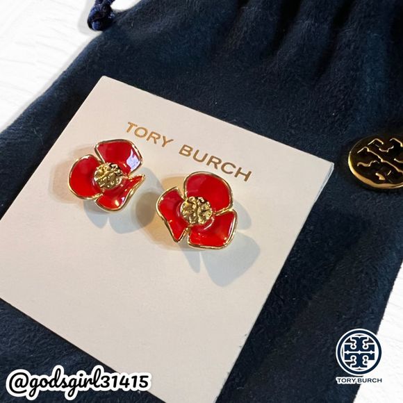 New Tory Burch Fleur Logo Flower Studs Post Earrings Red/Gold - Picture 5 of 7